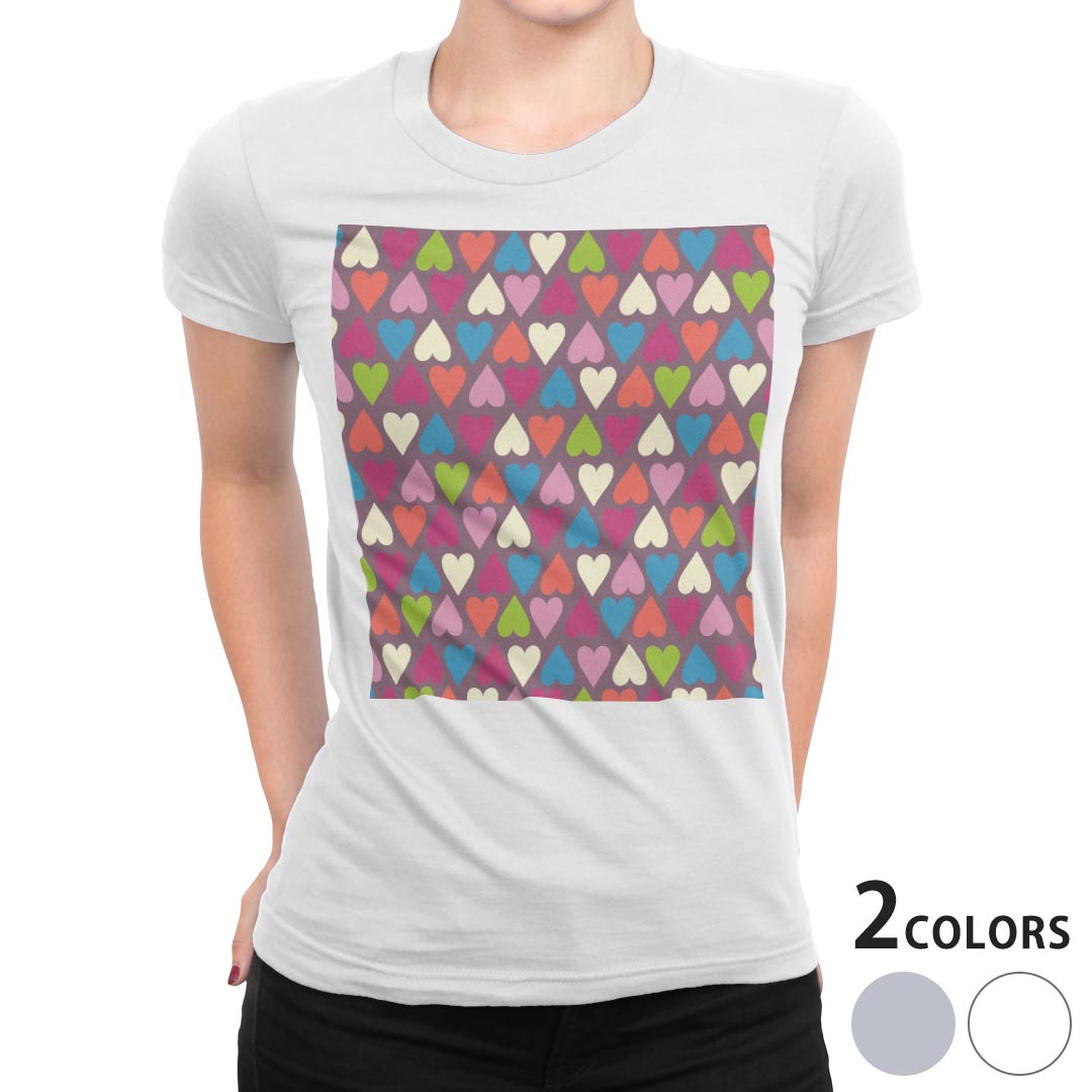 tシャツ レディース 半袖 白地 デザイン M L 白 ホワイト グレー Tシャツ ティーシャツ T shirt 007748 ラブリー カラフル　ハート　模様