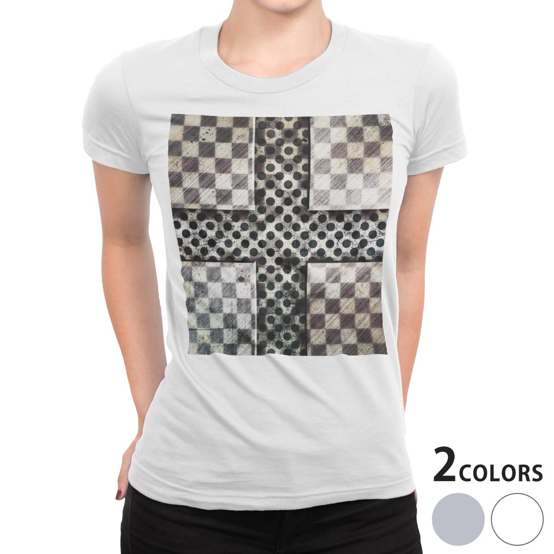 tシャツ レディース 半袖 白地 デザイン S M L XL Tシャツ ティーシャツ T shirt 007772 クール チェック　市松模様　黒　ブラック