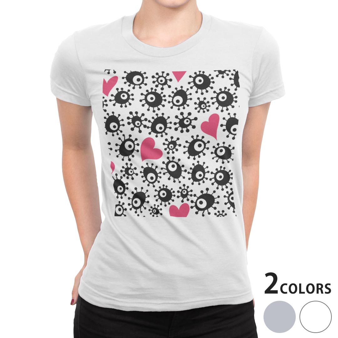 tシャツ レディース 半袖 白地 デザイン M L 白 ホワイト グレー Tシャツ ティーシャツ T shirt 007845 ユニーク ハート モンスター 黒 ブラック