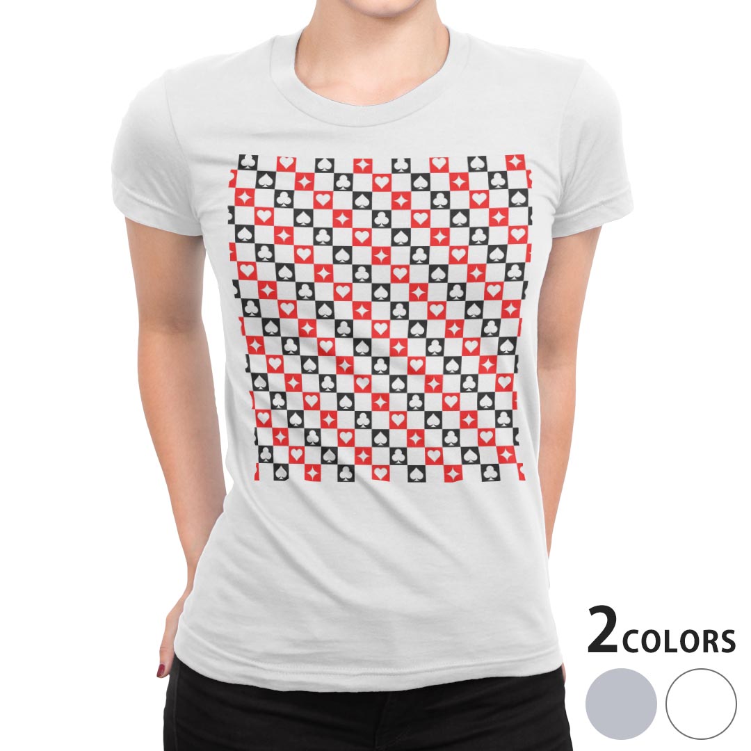 tシャツ レディース 半袖 白地 デザイン M L 白 ホワイト グレー Tシャツ ティーシャツ T shirt 007868 チェック・ボーダー 赤 レッド トランプ 模様 黒 ブラック