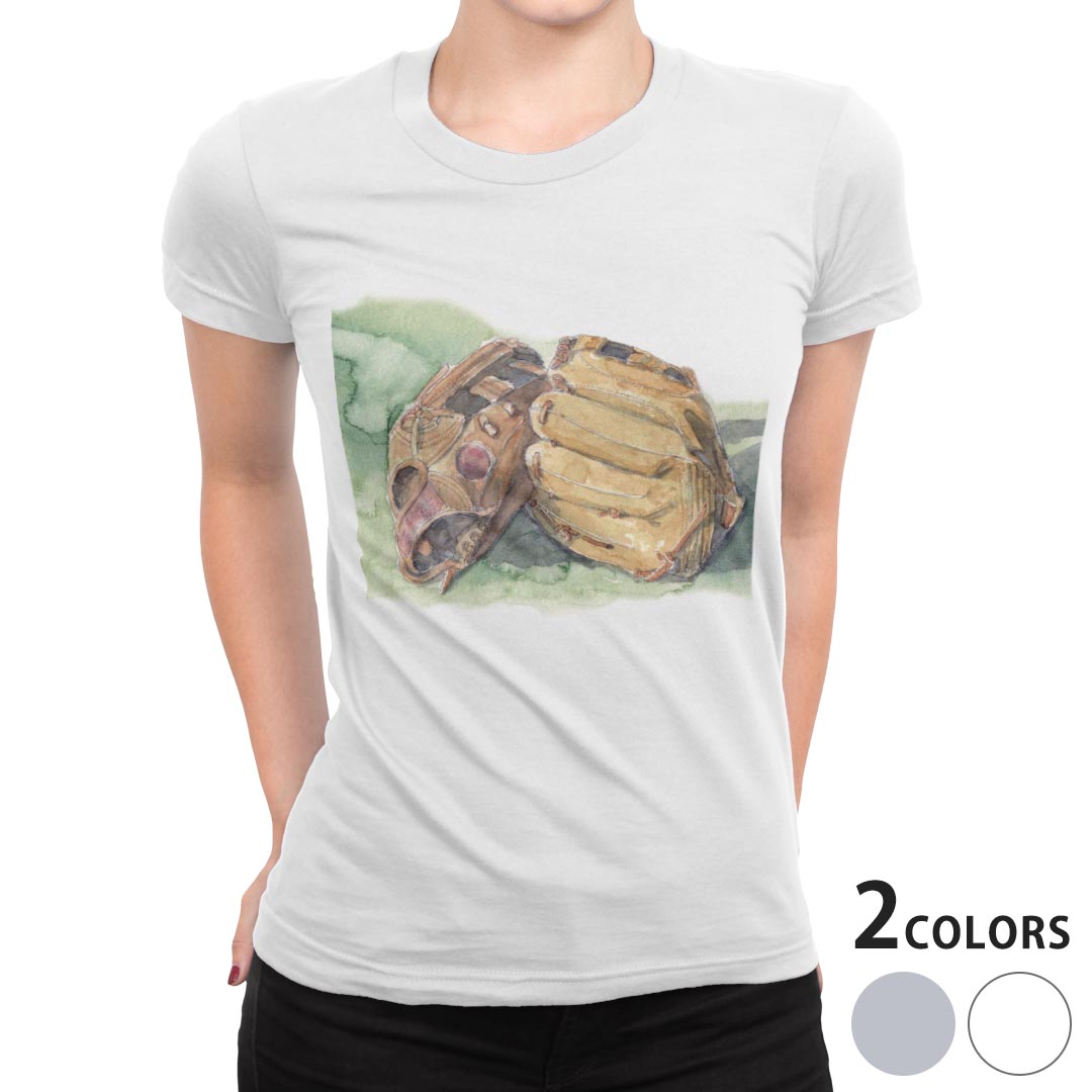 tシャツ レディース 半袖 白地 デザイン M L 白 ホワイト グレー Tシャツ ティーシャツ T shirt 008065 ユニーク イラスト 水彩 グローブ 野球