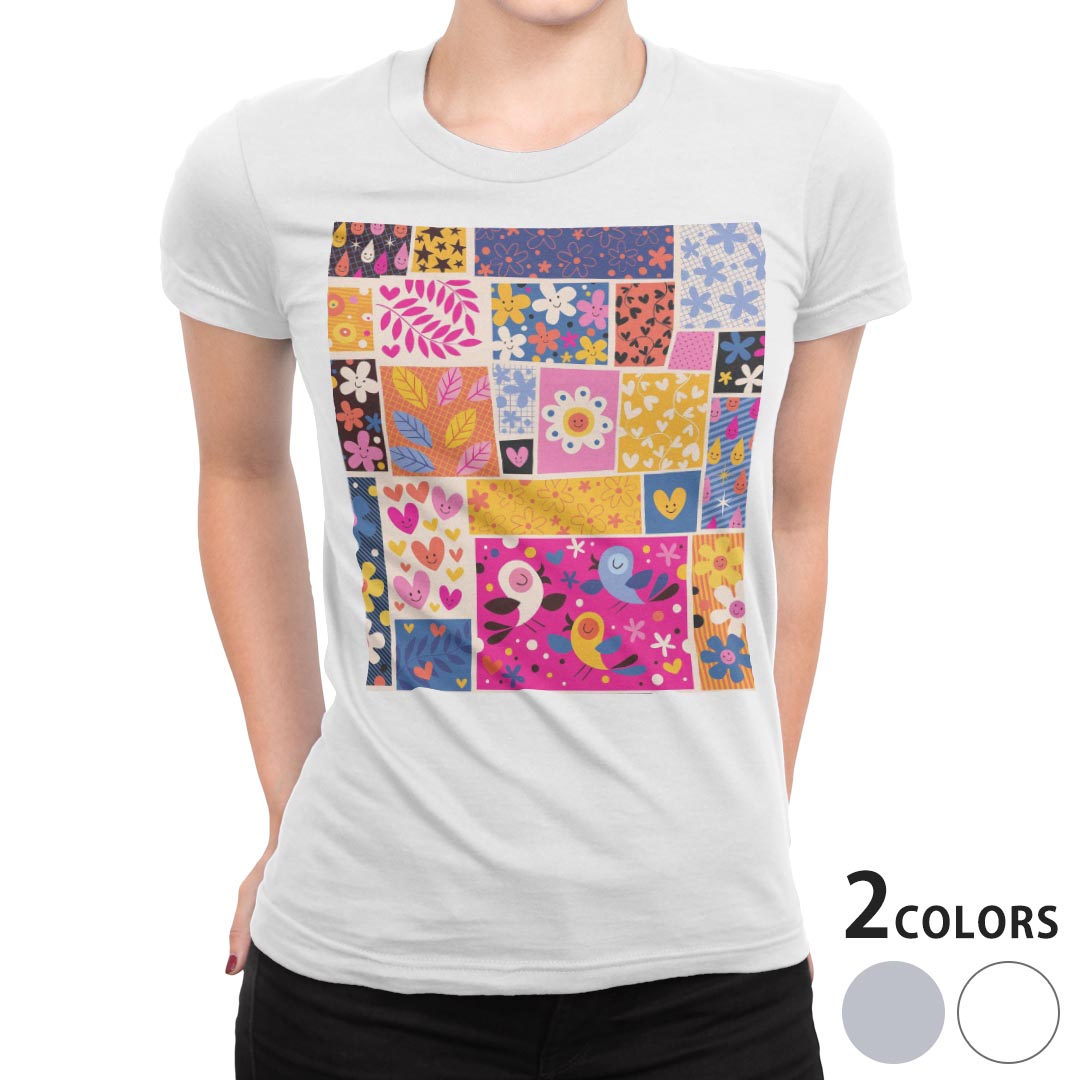 上身 - tシャツ レディース 半袖 白地 デザイン M L 白 ホワイト グレー Tシャツ ティーシャツ T shirt 008074 ユニーク 花　フラワー　ハート　鳥　カラフル