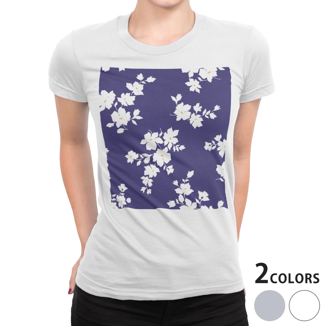 tシャツ レディース 半袖 白地 デザイン M L 白 ホワイト グレー Tシャツ ティーシャツ T shirt 008211 フラワー 花 フラワー 青 模様 ブルー