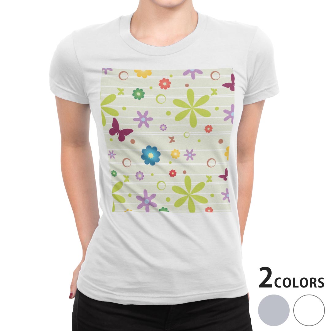 tシャツ レディース 半袖 白地 デザイン M L 白 ホワイト グレー Tシャツ ティーシャツ T shirt 008230 フラワー 花　フラワー　蝶　カラフル