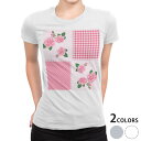 tシャツ レディース 半袖 白地 デザイン S M L XL Tシャツ ティーシャツ T shirt 008231 フラワー 花　フラワー　模様　ピンク　チェック