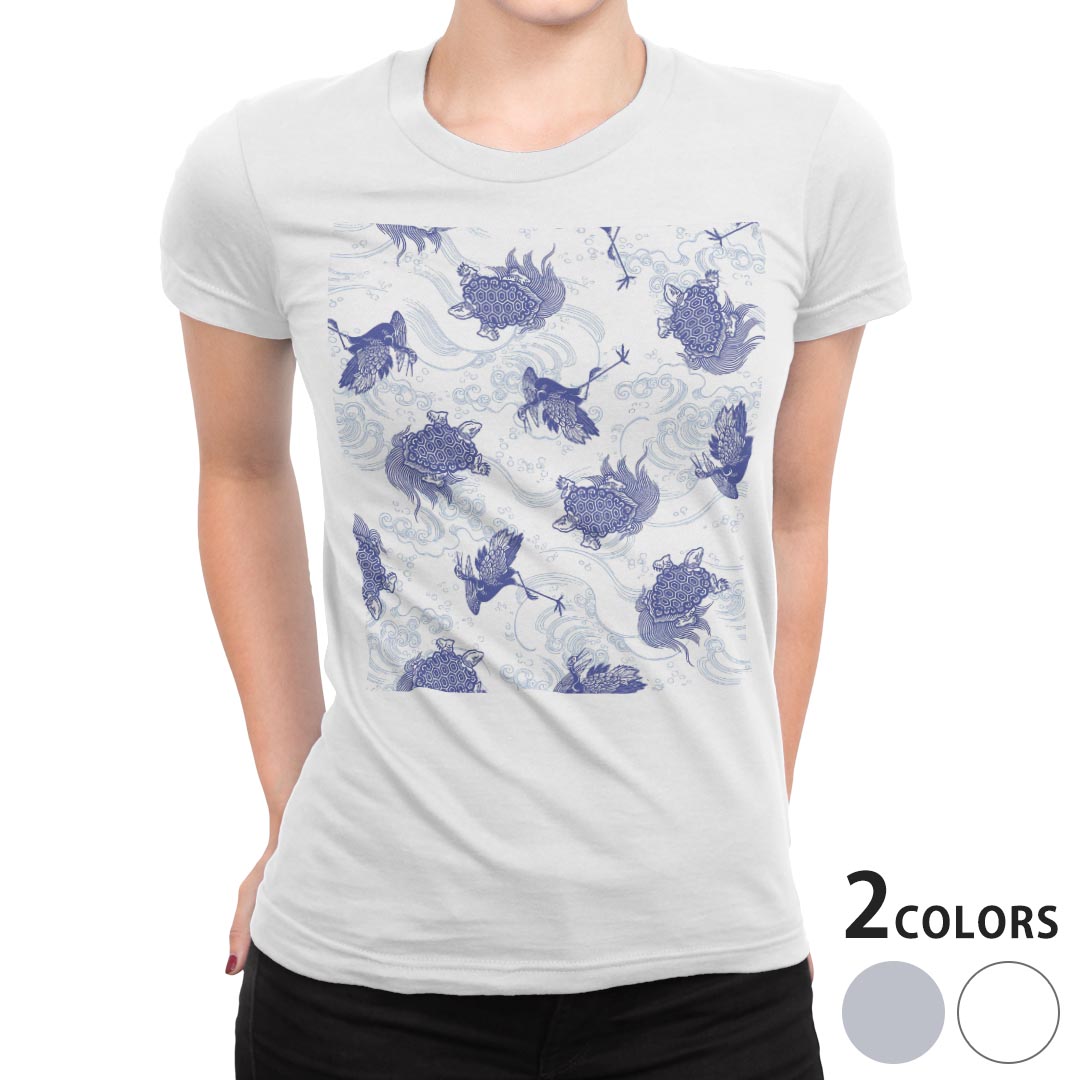tシャツ レディース 半袖 白地 デザイン M L 白 ホワイト グレー Tシャツ ティーシャツ T shirt 008261 アニマル 和風　和柄　亀　鶴　青　ブルー
