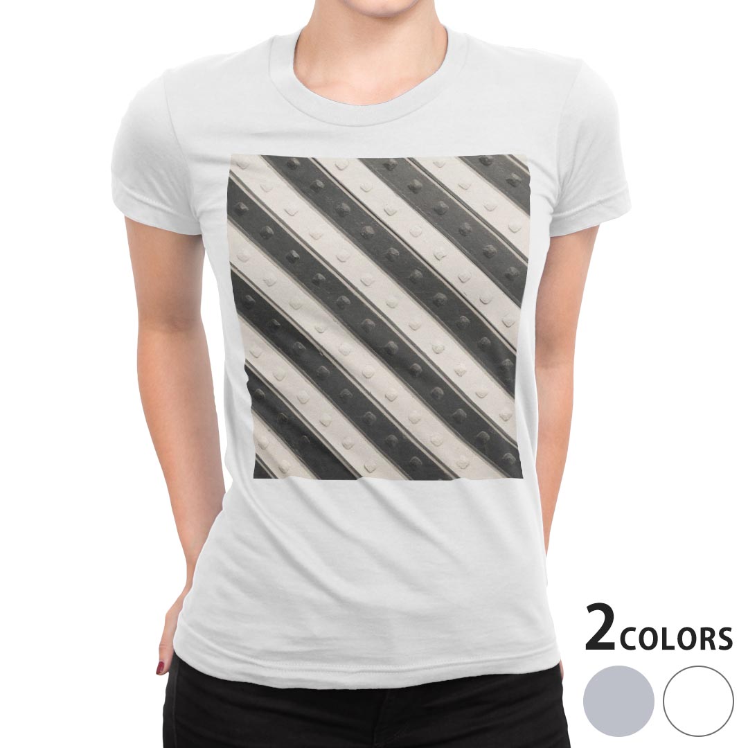 tシャツ レディース 半袖 白地 デザイン M L 白 ホワイト グレー Tシャツ ティーシャツ T shirt 008315 チェック・ボーダー 白黒 ライン 模様