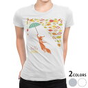 tシャツ レディース 半袖 白地 デザイン M L 白 ホワイト グレー Tシャツ ティーシャツ T shirt 008406 アニマル 秋 きつね 狐 紅葉