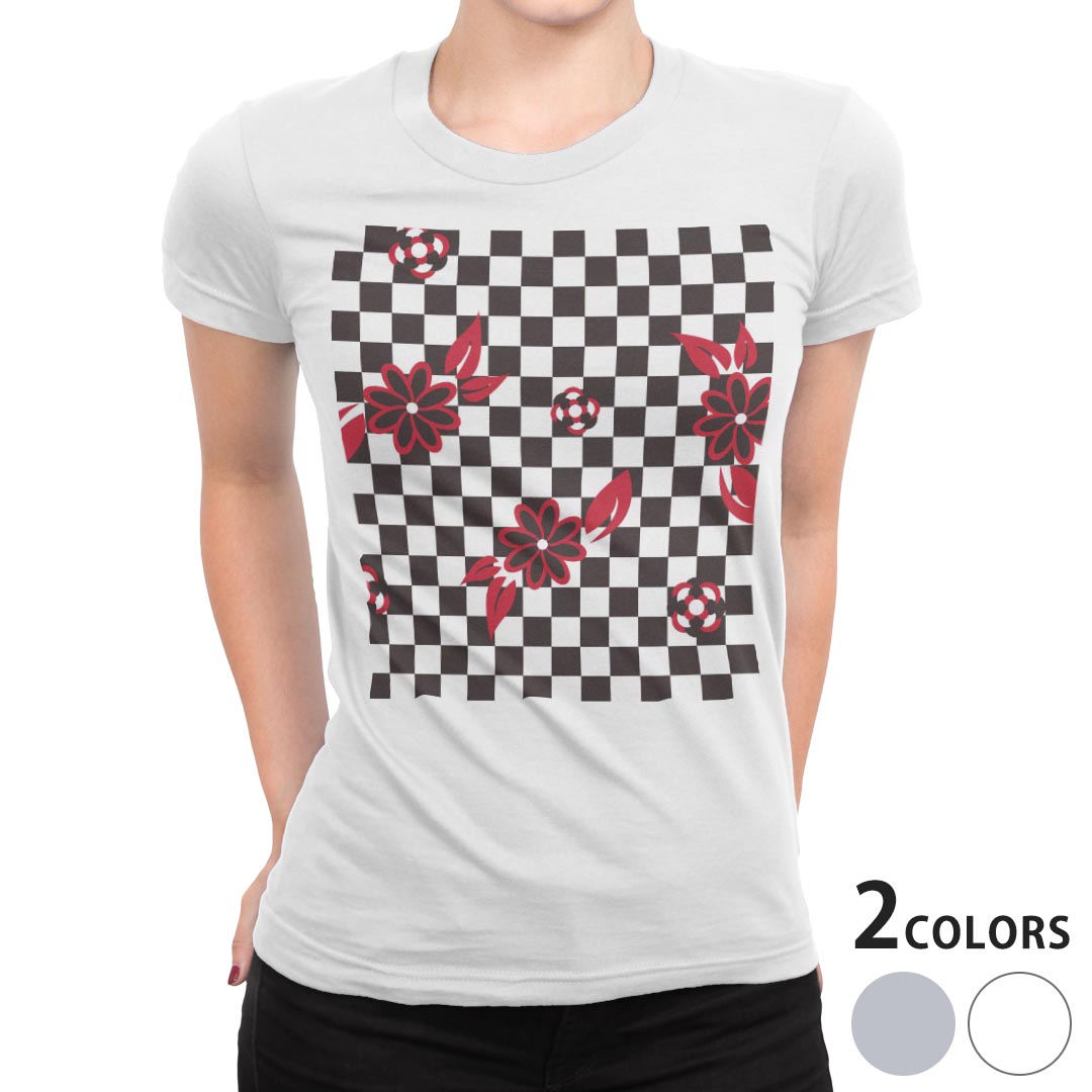 tシャツ レディース 半袖 白地 デザイン M L 白 ホワイト グレー Tシャツ ティーシャツ T shirt 008442 フラワー 花　フラワー　赤　レッド　市松模様