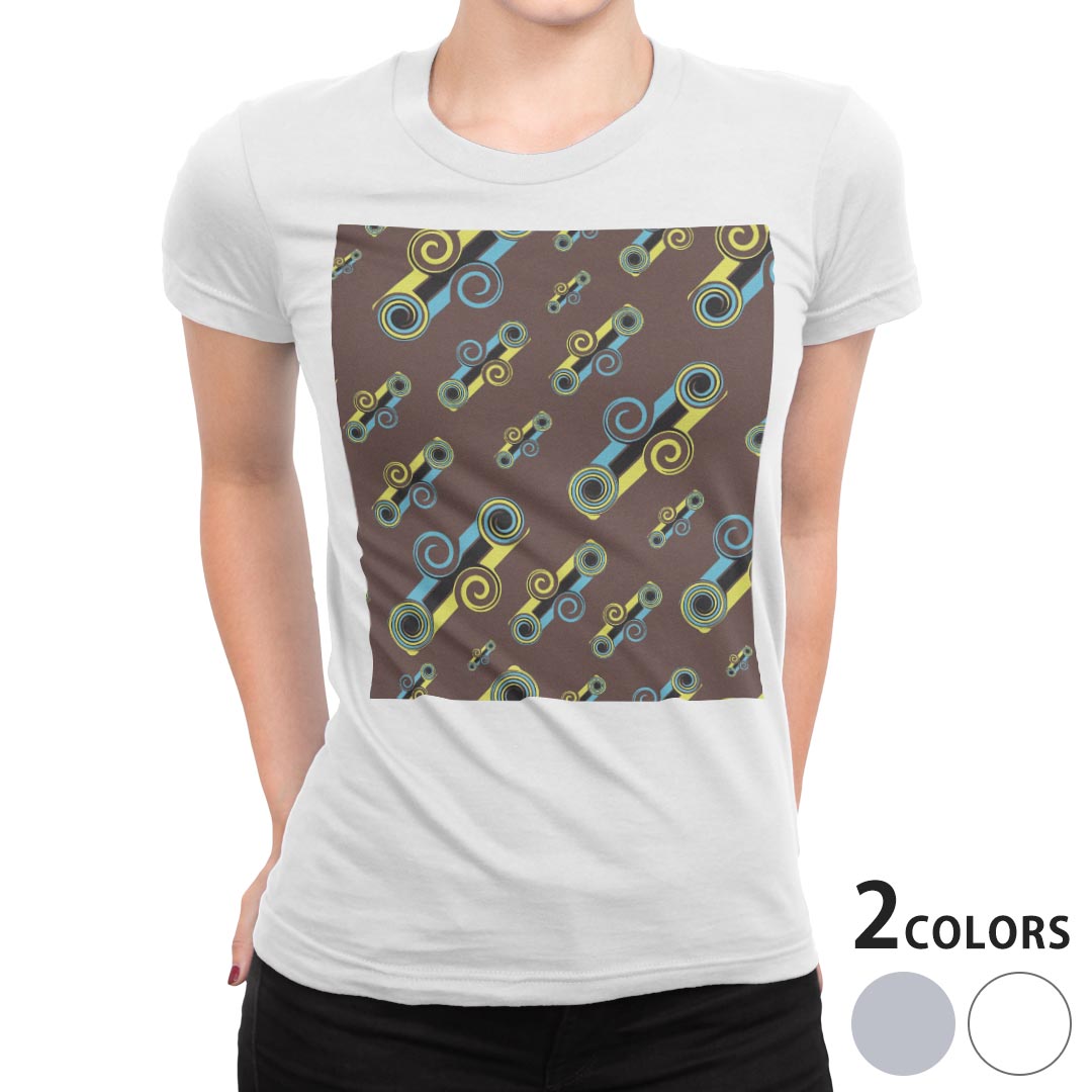 tシャツ レディース 半袖 白地 デザイン M L 白 ホワイト グレー Tシャツ ティーシャツ T shirt 008460 クール うずまき　茶色　ブラウン　模様