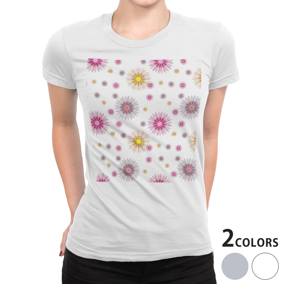 tシャツ レディース 半袖 白地 デザイン M L 白 ホワイト グレー Tシャツ ティーシャツ T shirt 008483 ラブリー 花 フラワー カラフル 模様