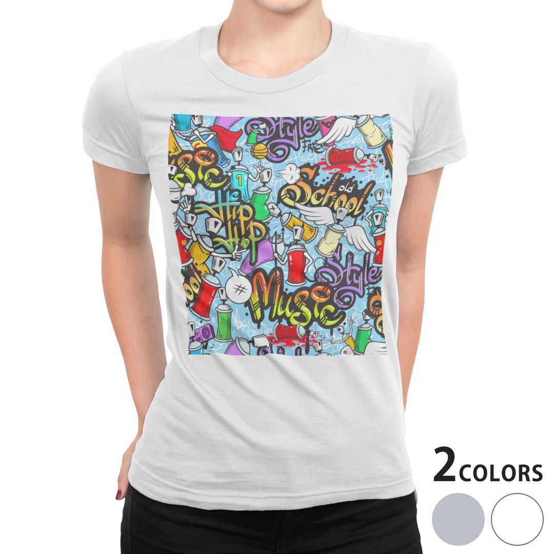 tシャツ レディース 半袖 白地 デザイン M L 白 ホワイト グレー Tシャツ ティーシャツ T shirt 008487 ユニーク カラフル ペンキ インク パンク