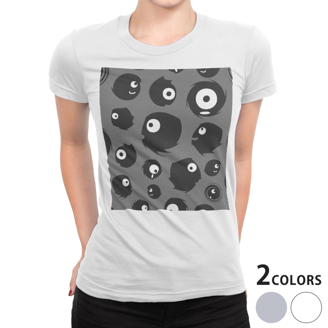 tシャツ レディース 半袖 白地 デザイン M L 白 ホワイト グレー Tシャツ ティーシャツ T shirt 008503 ユニーク モンスター 模様 白黒 ブラック