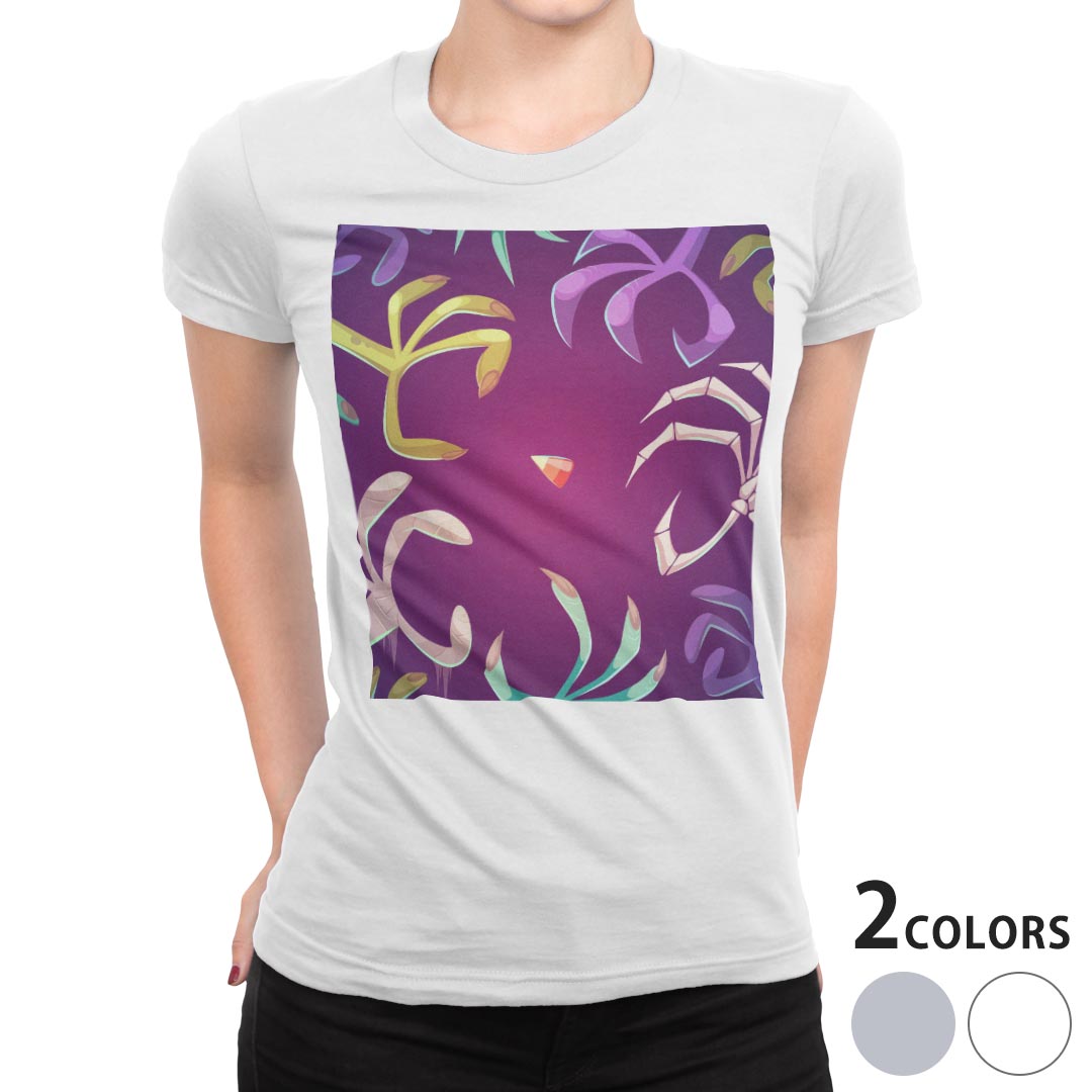 tシャツ レディース 半袖 白地 デザイン M L 白 ホワイト グレー Tシャツ ティーシャツ T shirt 008521 ユニーク 手 モンスター イラスト 紫