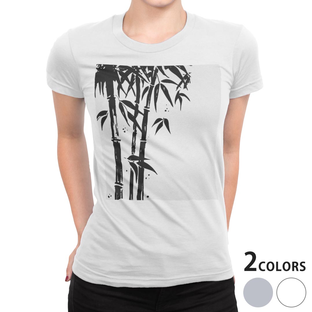tシャツ レディース 半袖 白地 デザイン S M L XL Tシャツ ティーシャツ T shirt 008536 日本語・和柄 和柄　和風　竹　植物　白黒