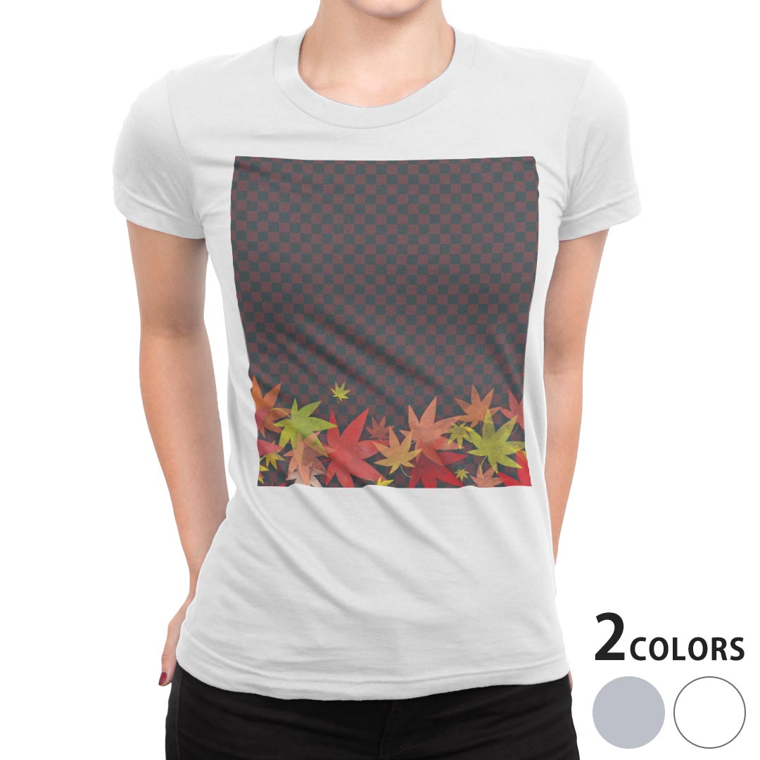 tシャツ レディース 半袖 白地 デザイン S M L XL Tシャツ ティーシャツ T shirt 008537 クール 秋　赤　レッド　市松模様　紅葉