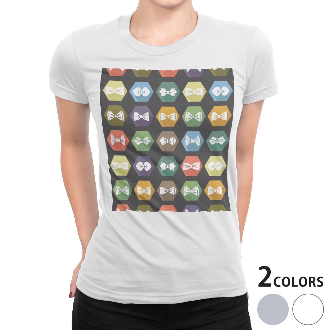 tシャツ レディース 半袖 白地 デザイン M L 白 ホワイト グレー Tシャツ ティーシャツ T shirt 008595 ラブリー アイコン　カラフル　模様　リボン