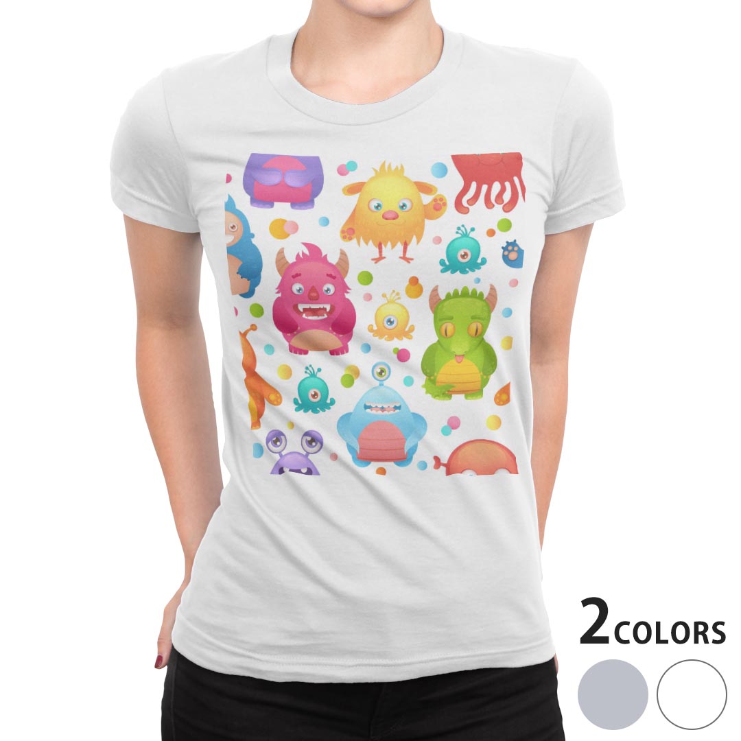 tシャツ レディース 半袖 白地 デザイン M L 白 ホワイト グレー Tシャツ ティーシャツ T shirt 008629 ユニーク モンスター キャラクター イラスト