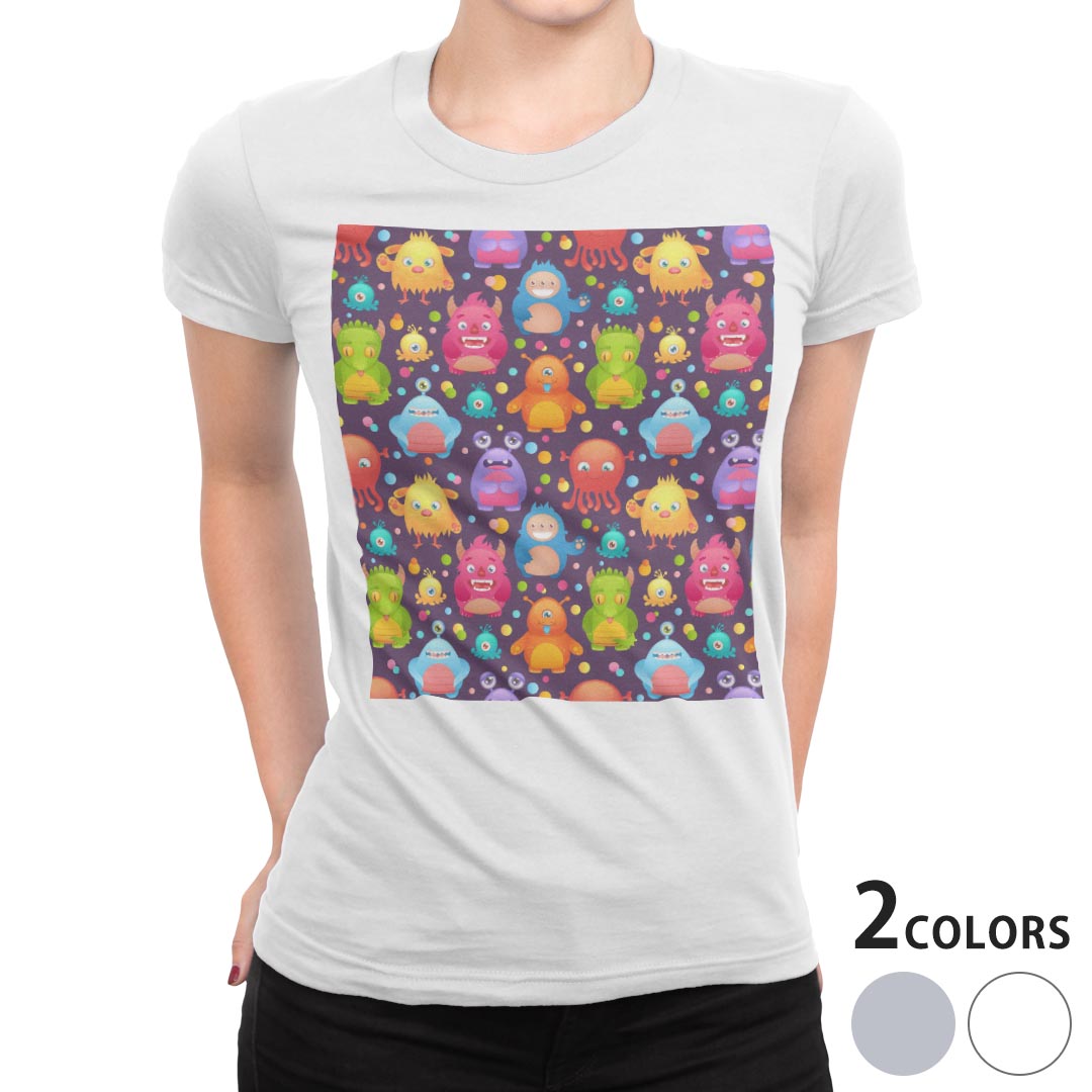 tシャツ レディース 半袖 白地 デザイン M L 白 ホワイト グレー Tシャツ ティーシャツ T shirt 008664 ユニーク モンスター カラフル キャラクター