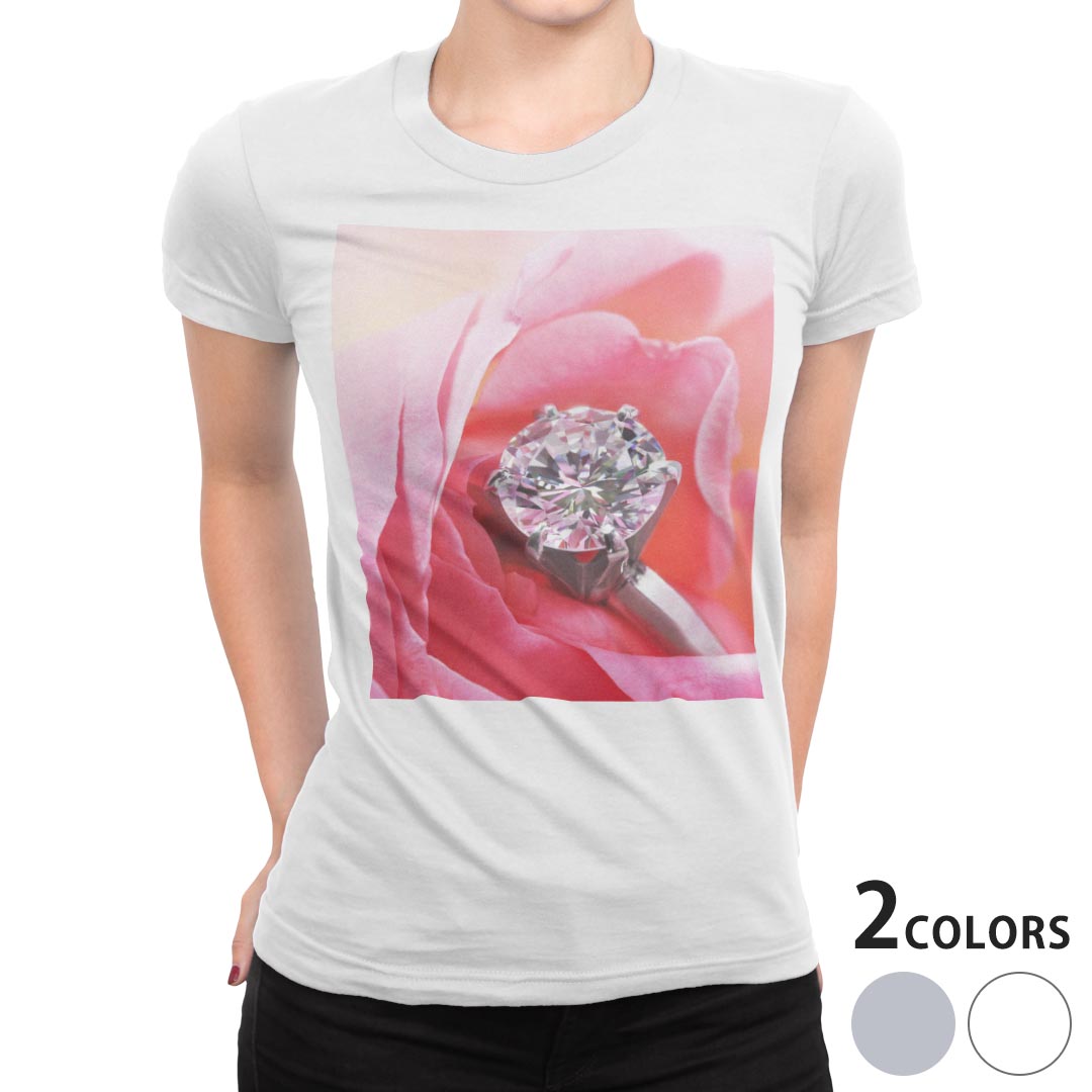 tシャツ レディース 半袖 白地 デザイン S M L XL Tシャツ ティーシャツ T shirt 008706 フラワー 写真　花　フラワー　指輪　ダイヤ