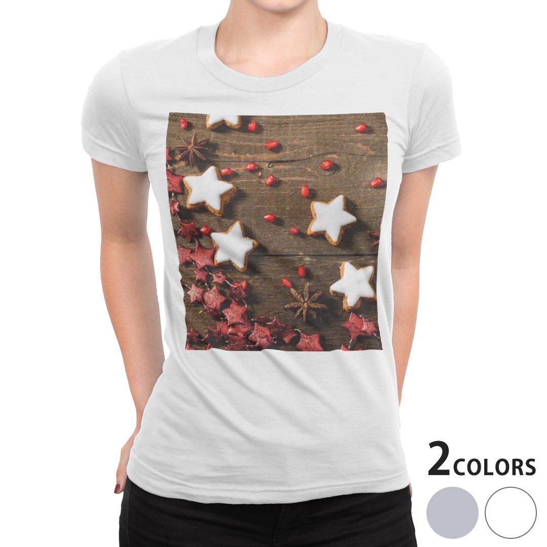 tシャツ レディース 半袖 白地 デザイン M L 白 ホワイト グレー Tシャツ ティーシャツ T shirt 008768 ユニーク 写真 星 スター クッキー