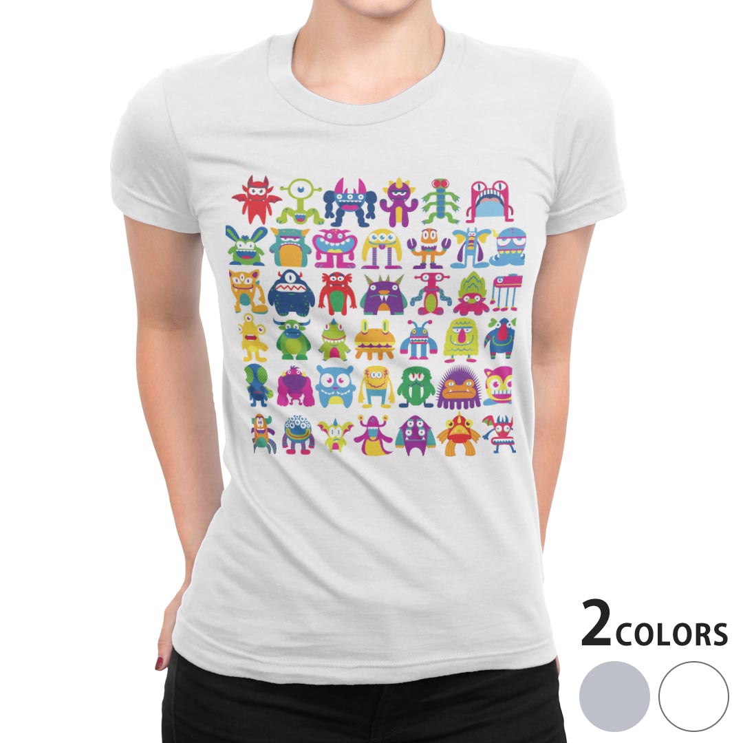 tシャツ レディース 半袖 白地 デザイン M L 白 ホワイト グレー Tシャツ ティーシャツ T shirt 008861 ユニーク イラスト カラフル モンスター