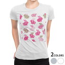 tシャツ レディース 半袖 白地 デザイン M L 白 ホワイト グレー Tシャツ ティーシャツ T shirt 008902 アニマル チェック・ボーダー うさぎ イラスト ピンク 水玉