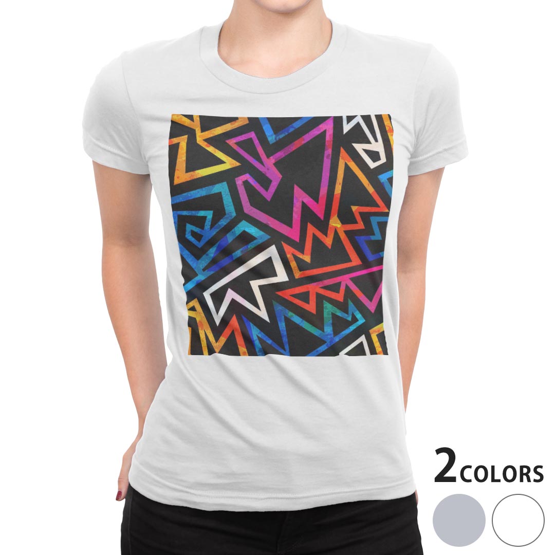 tシャツ レディース 半袖 白地 デザイン M L 白 ホワイト グレー Tシャツ ティーシャツ T shirt 008920 チェック・ボーダー 模様 カラフル