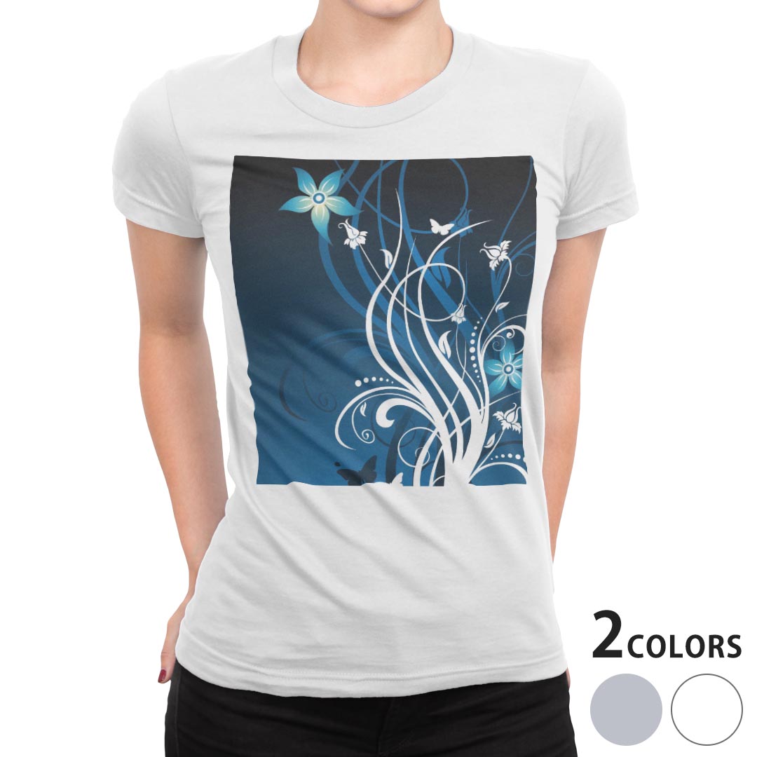 tシャツ レディース 半袖 白地 デザイン M L 白 ホワイト グレー Tシャツ ティーシャツ T shirt 008950 クール 花 フラワー ブルー 青