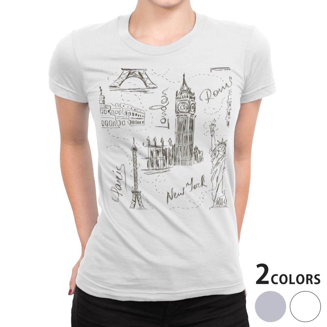 tシャツ レディース 半袖 白地 デザイン M L 白 ホワイト グレー Tシャツ ティーシャツ T shirt 009367 外国　風景　イラスト