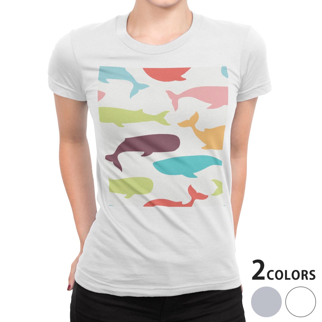tシャツ レディース 半袖 白地 デザイン M L 白 ホワイト グレー Tシャツ ティーシャツ T shirt 009452 動物 くじら カラフル