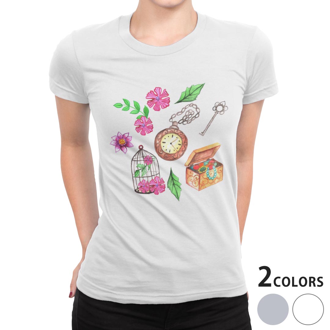 tシャツ レディース 半袖 白地 デザイン S M L XL Tシャツ ティーシャツ T shirt 009540 フラワー　時計　アンティーク