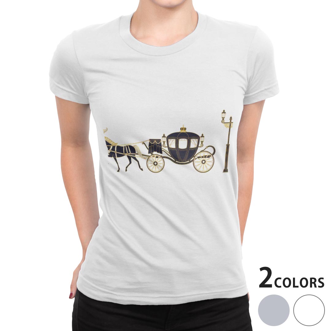 tシャツ レディース 半袖 白地 デザイン M L 白 ホワイト グレー Tシャツ ティーシャツ T shirt 009569 馬 馬車 アンティーク
