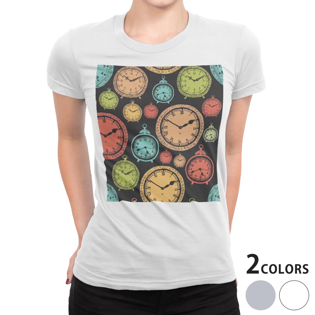tシャツ レディース 半袖 白地 デザイン M L 白 ホワイト グレー Tシャツ ティーシャツ T shirt 009701 時計 アンティーク