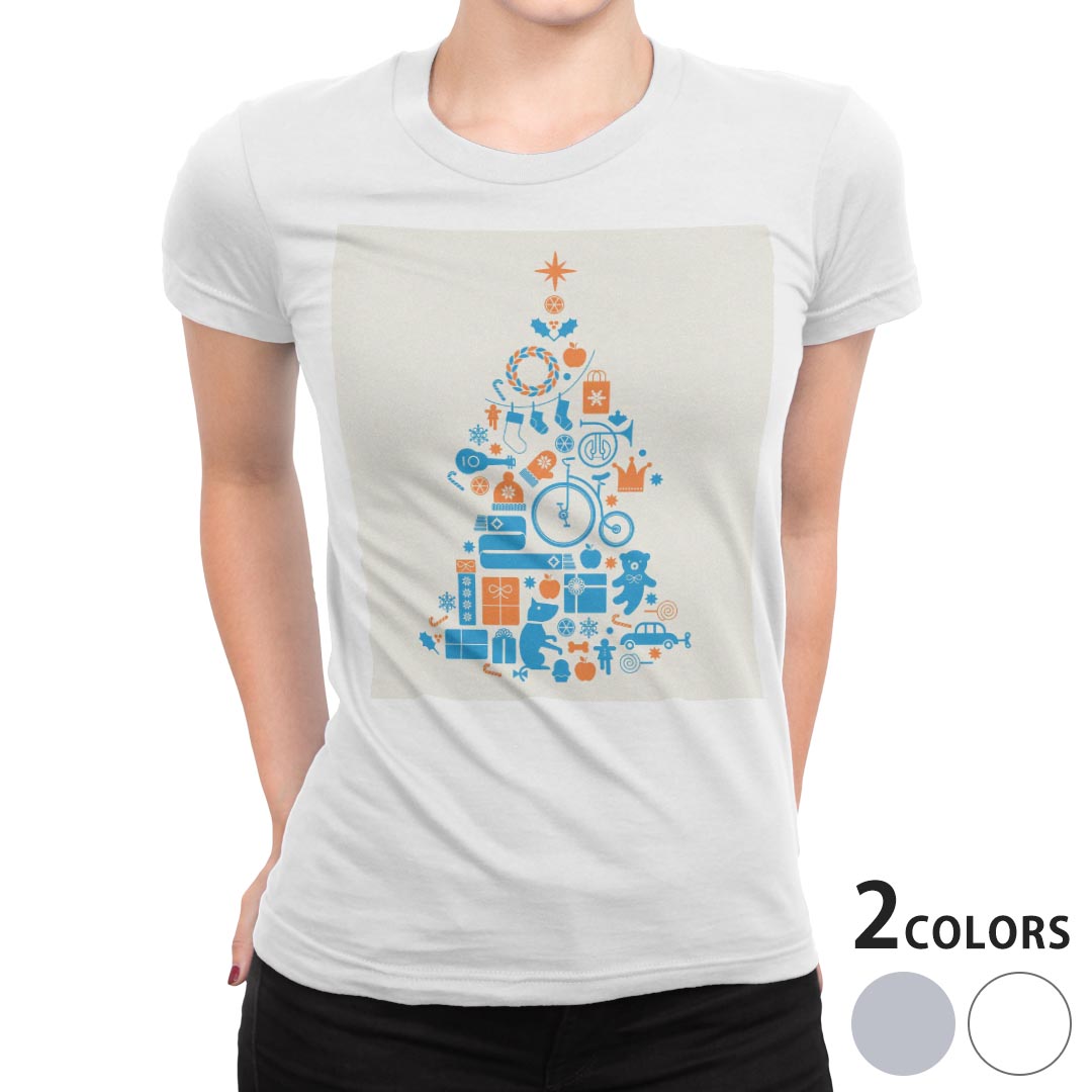 tシャツ レディース 半袖 白地 デザイン M L 白 ホワイト グレー Tシャツ ティーシャツ T shirt 009740 クリスマス　ツリー　青