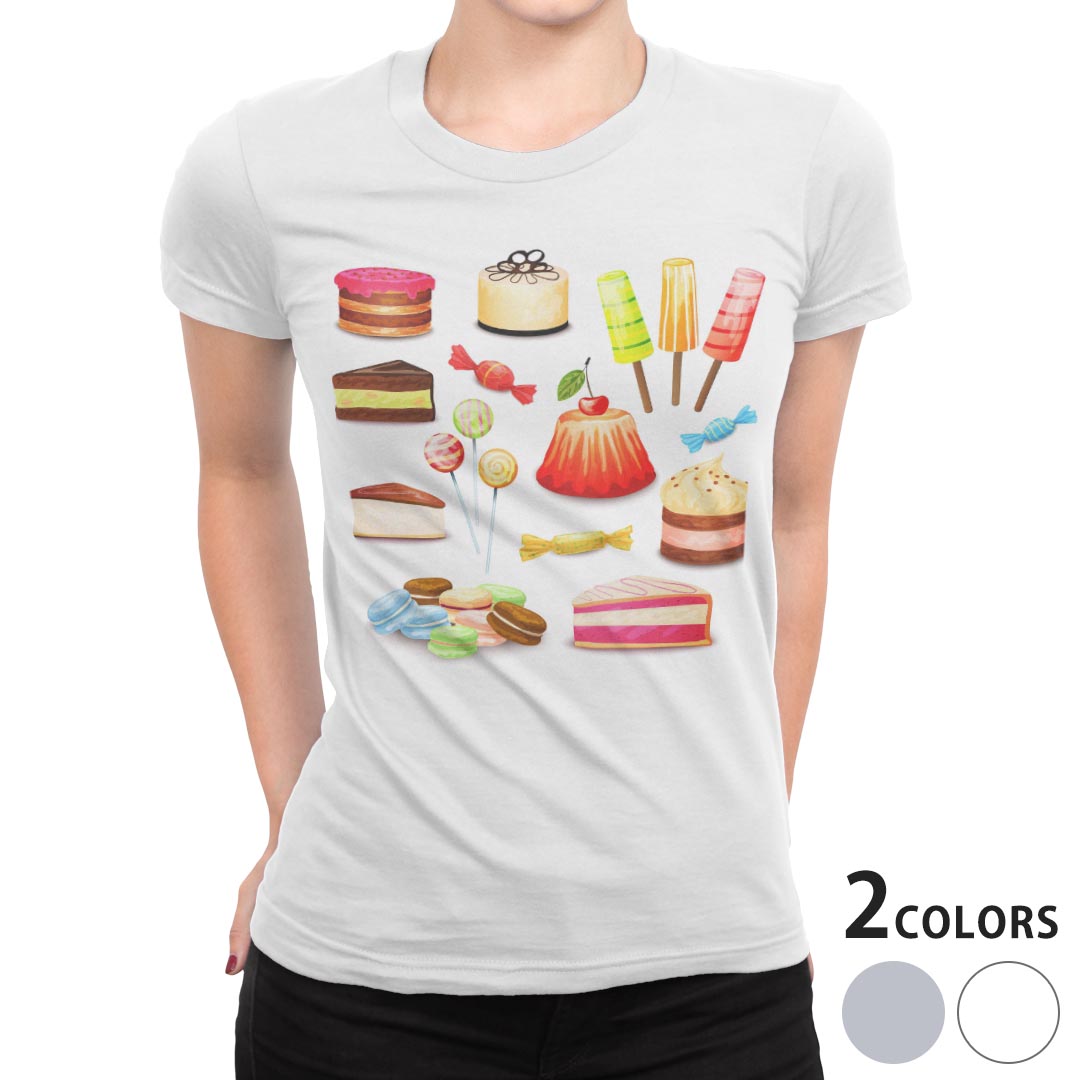 tシャツ レディース 半袖 白地 デザイン M L 白 ホワイト グレー Tシャツ ティーシャツ T shirt 009762 デザート マカロン カラフル