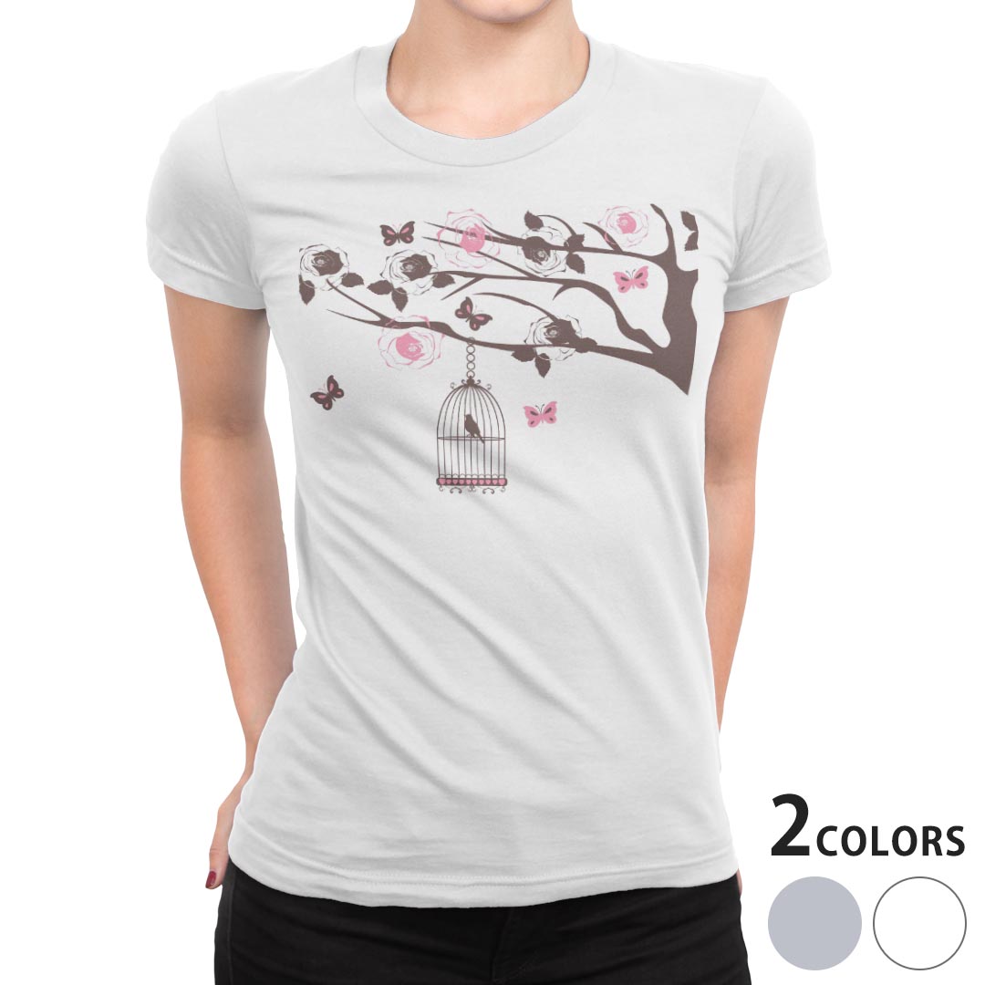 tシャツ レディース 半袖 白地 デザイン M L 白 ホワイト グレー Tシャツ ティーシャツ T shirt 009797 フラワー　鳥　蝶