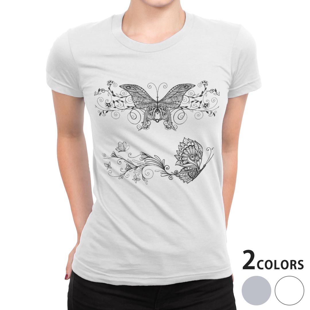 tシャツ レディース 半袖 白地 デザイン M L 白 ホワイト グレー Tシャツ ティーシャツ T shirt 009822 蝶　白　黒のサムネイル