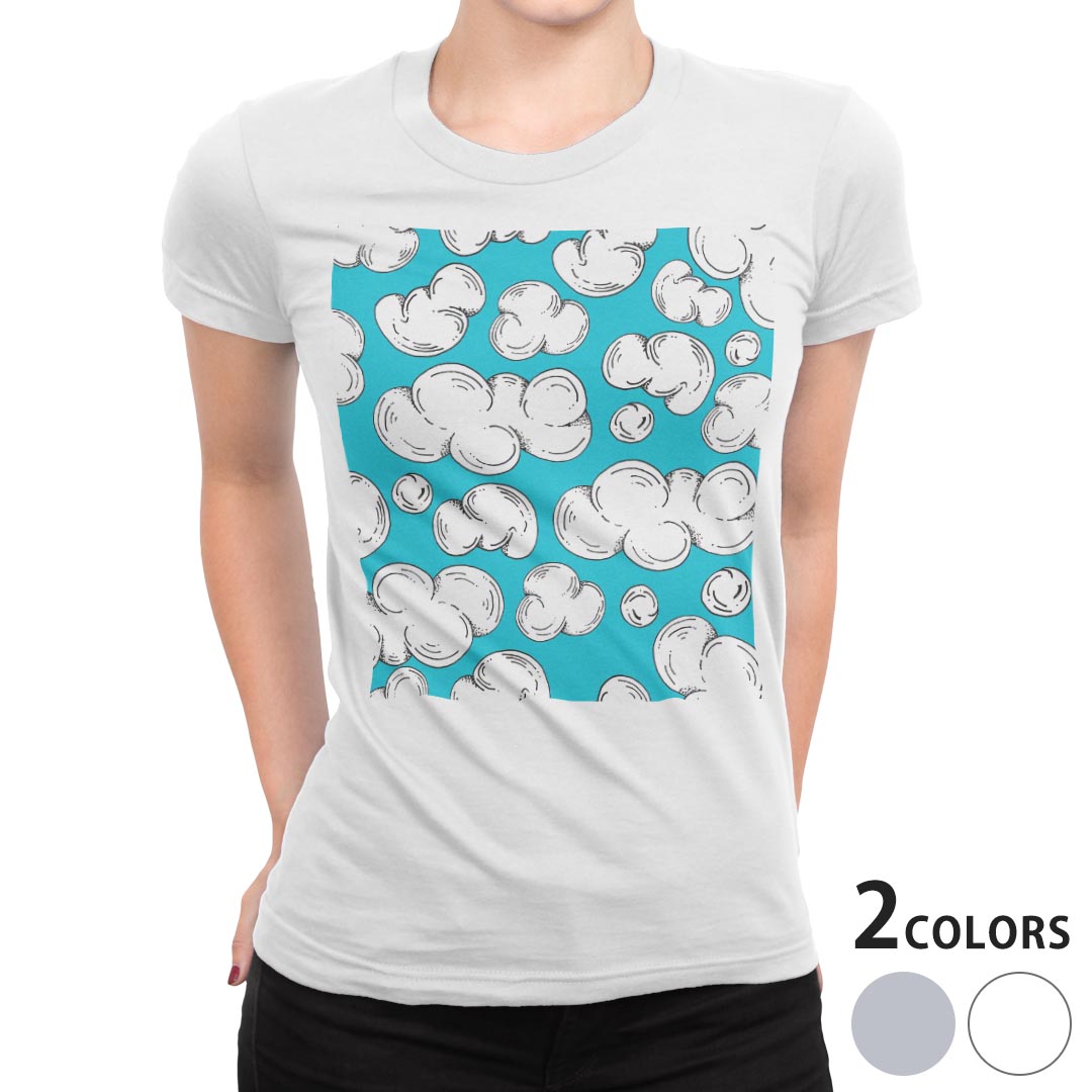 tシャツ レディース 半袖 白地 デザイン M L 白 ホワイト グレー Tシャツ ティーシャツ T shirt 009927 空　模様　青