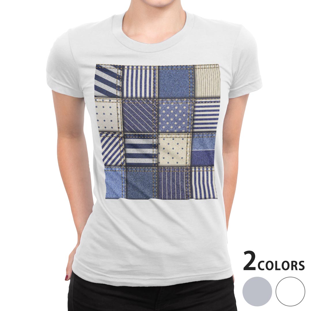 tシャツ レディース 半袖 白地 デザイン M L 白 ホワイト グレー Tシャツ ティーシャツ T shirt 010171 水玉 ボーダー 青