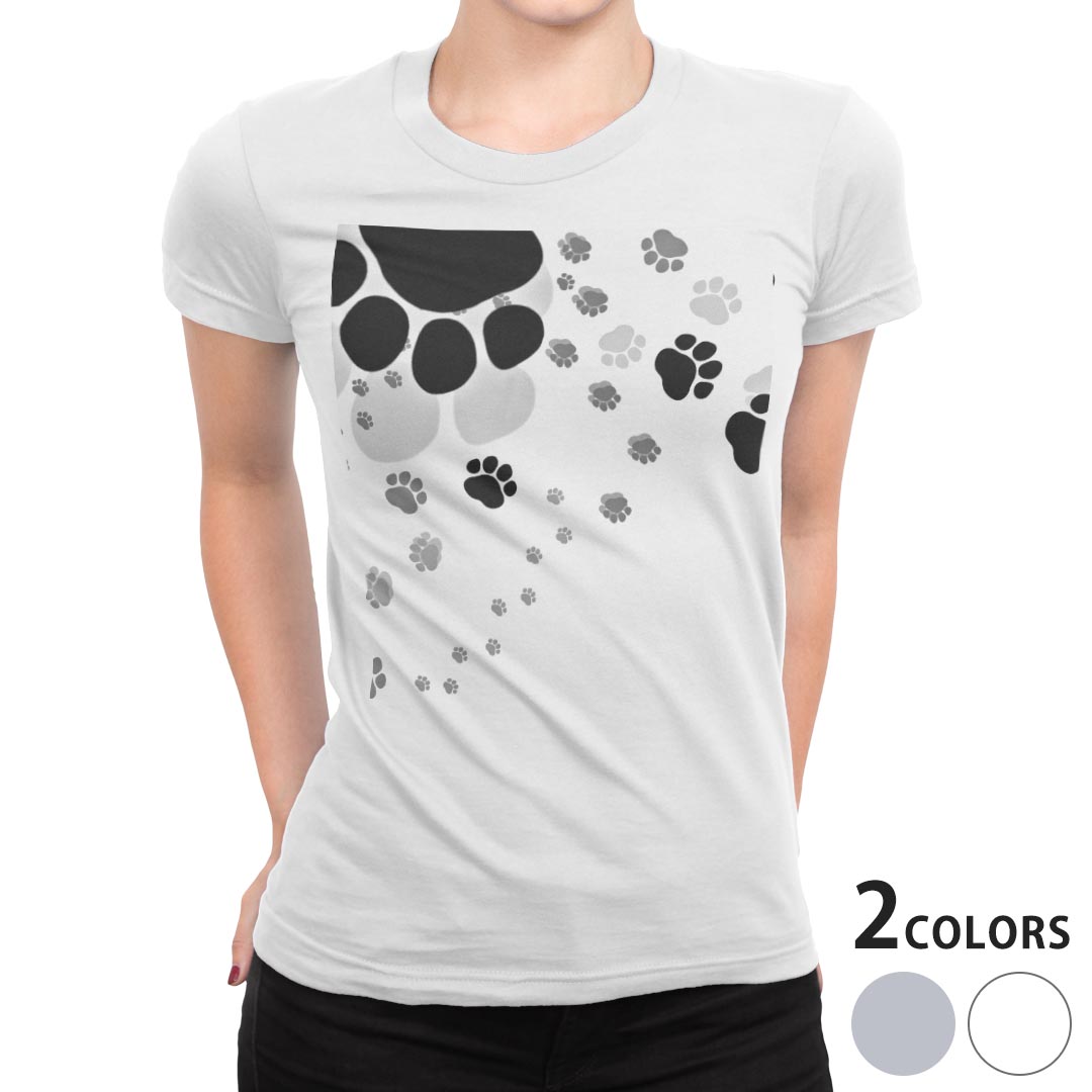 tシャツ レディース 半袖 白地 デザイン M L 白 ホワイト グレー Tシャツ ティーシャツ T shirt 010216 動物　足跡　白　黒