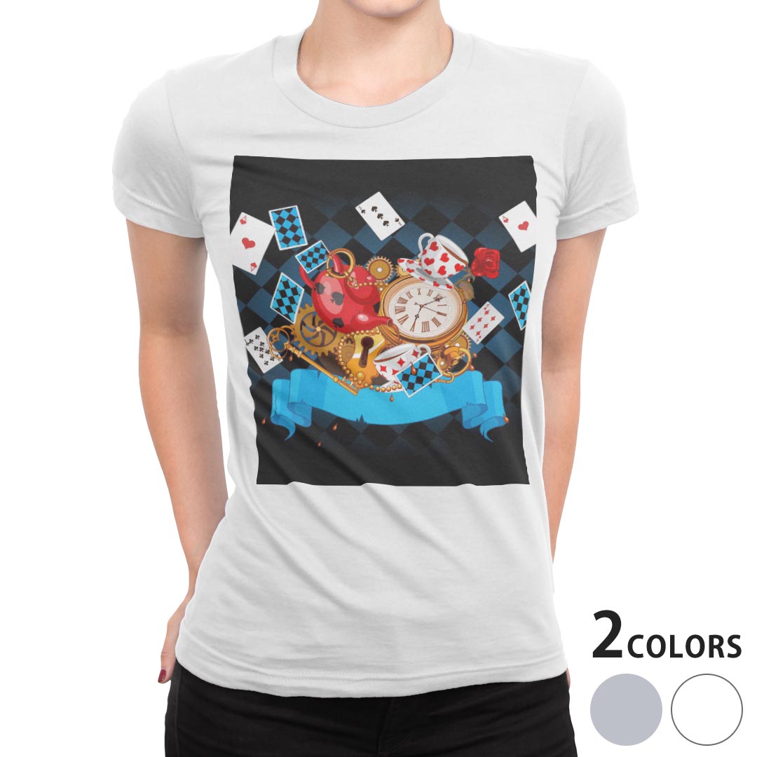 tシャツ レディース 半袖 白地 デザイン S M L XL Tシャツ ティーシャツ T shirt 010293 トランプ　童話　時計