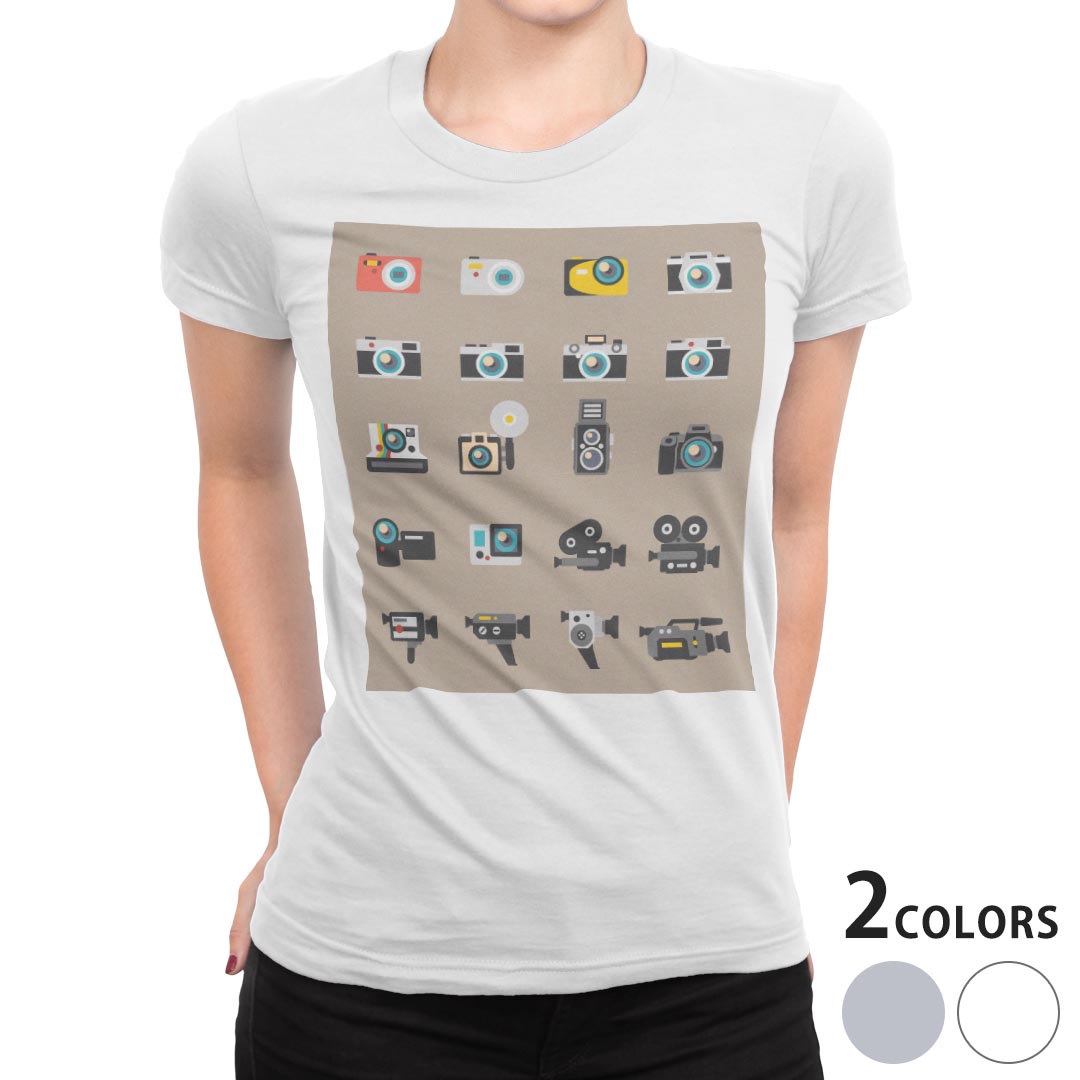 tシャツ レディース 半袖 白地 デザイン M L 白 ホワイト グレー Tシャツ ティーシャツ T shirt 010364 カメラ ビデオ イラスト