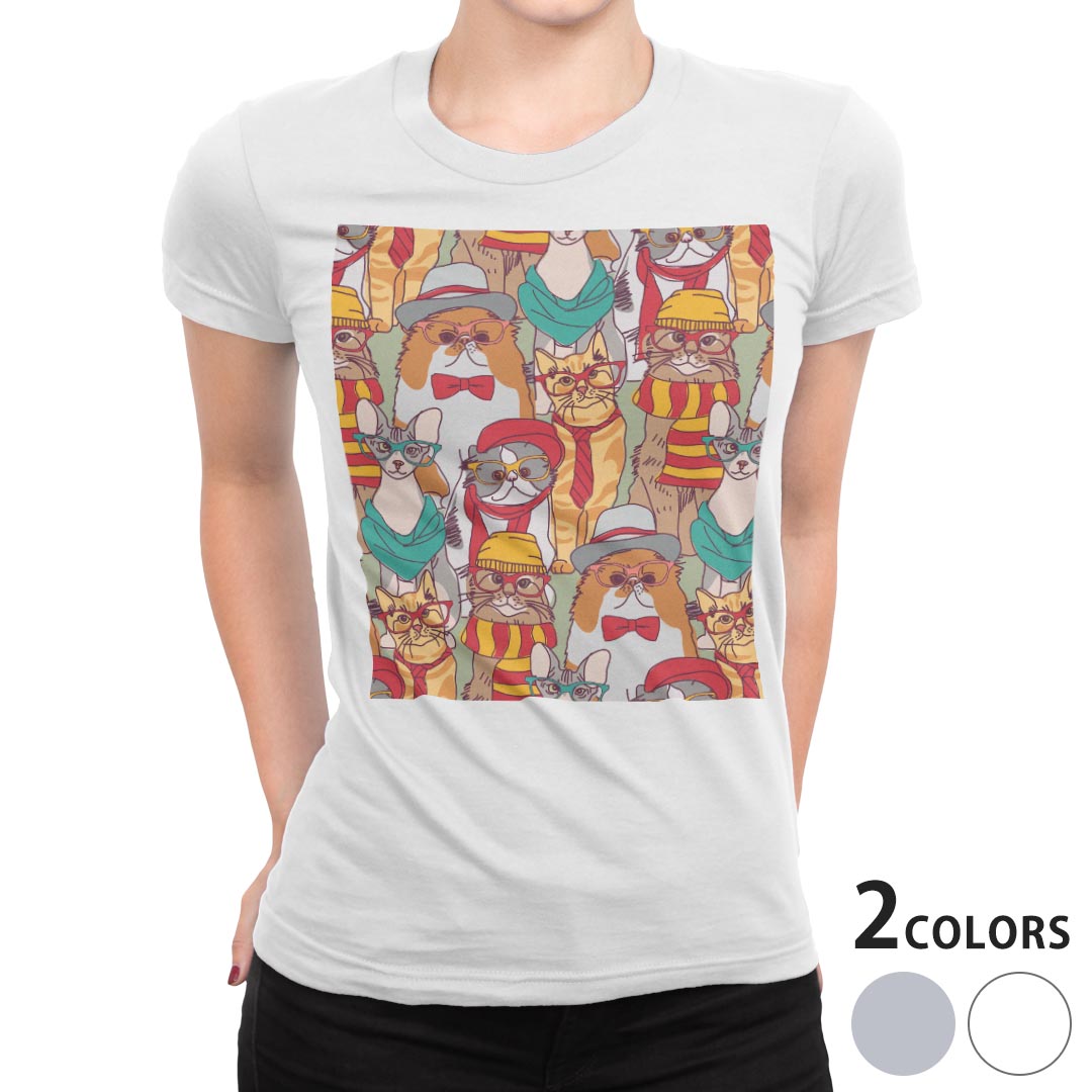 tシャツ レディース 半袖 白地 デザイン M L 白 ホワイト グレー Tシャツ ティーシャツ T shirt 010405 動物　猫　めがね