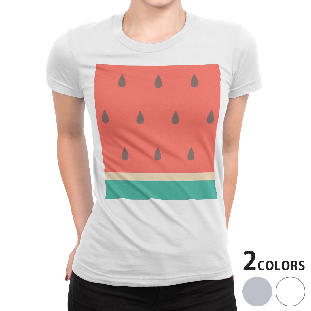 tシャツ レディース 半袖 白地 デザイン M L 白 ホワイト グレー Tシャツ ティーシャツ T shirt 010433 果物 スイカ 赤 緑