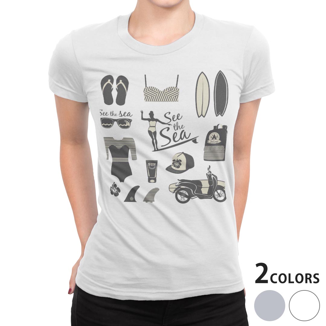 tシャツ レディース 半袖 白地 デザイン M L 白 ホワイト グレー Tシャツ ティーシャツ T shirt 010527 海　ファッション　ハイビスカス