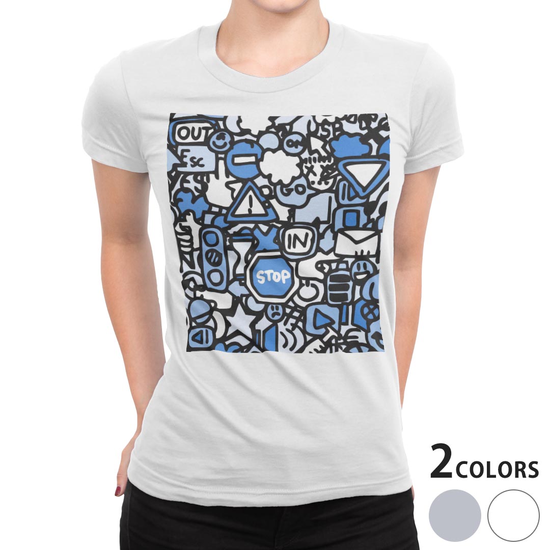 tシャツ レディース 半袖 白地 デザイン S M L XL Tシャツ ティーシャツ T shirt 010815 道路　標識　青