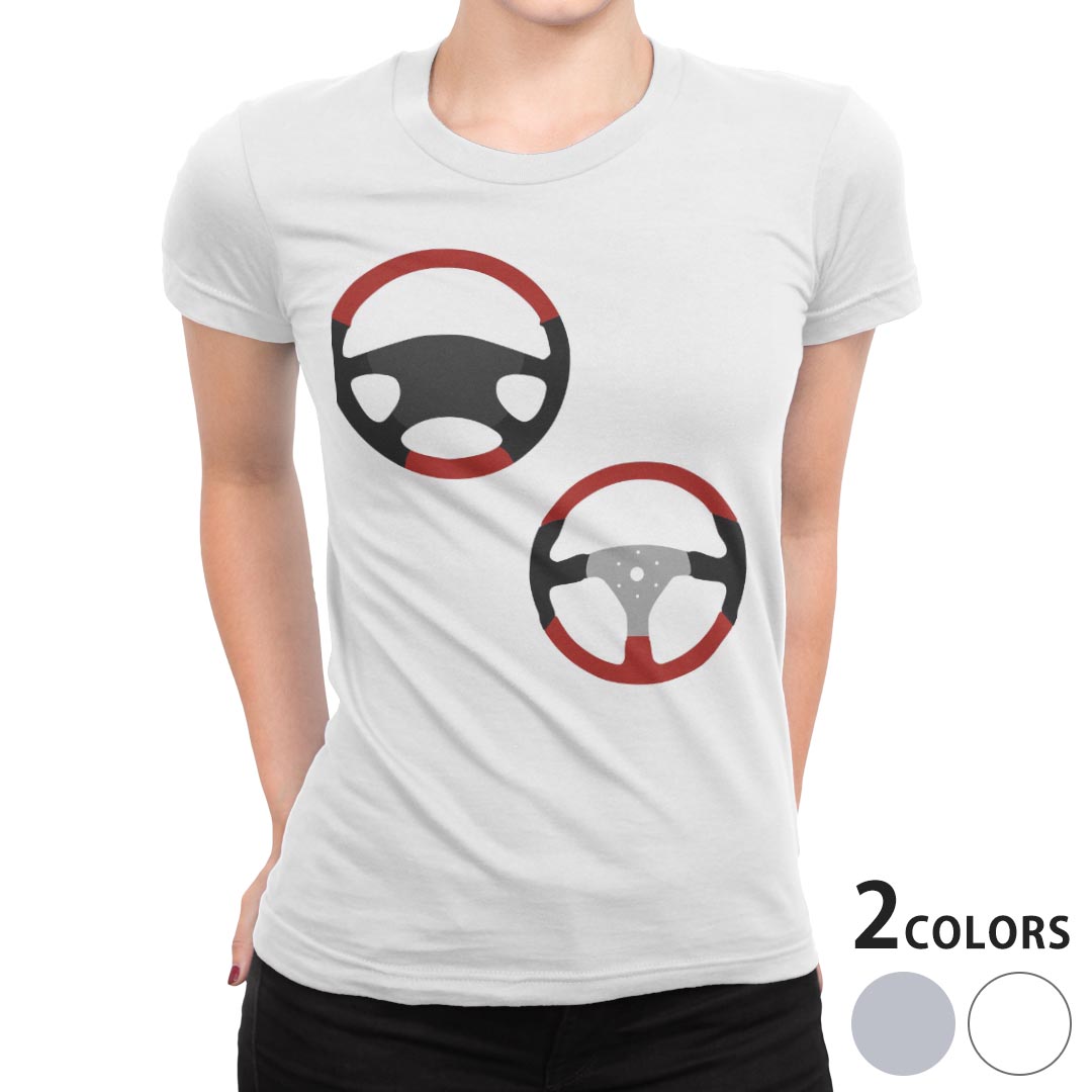 tシャツ レディース 半袖 白地 デザイン M L 白 ホワイト グレー Tシャツ ティーシャツ T shirt 010897 車　ハンドル　乗り物