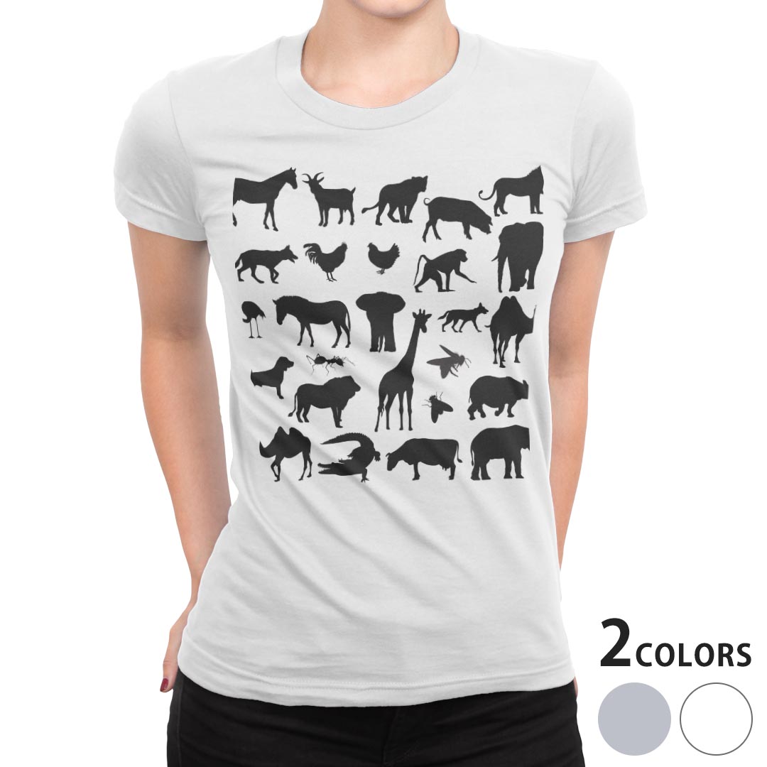 tシャツ レディース 半袖 白地 デザイン M L 白 ホワイト グレー Tシャツ ティーシャツ T shirt 010986 動物 シルエット