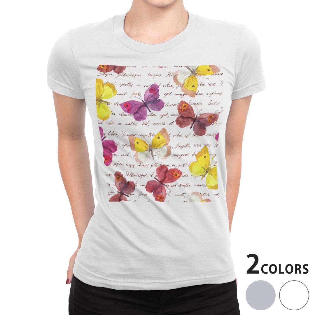tシャツ レディース 半袖 白地 デザイン M L 白 ホワイト グレー Tシャツ ティーシャツ T shirt 011012 蝶　英語　カラフル kabekore-11246789 kabeコレ パッケージ画像
